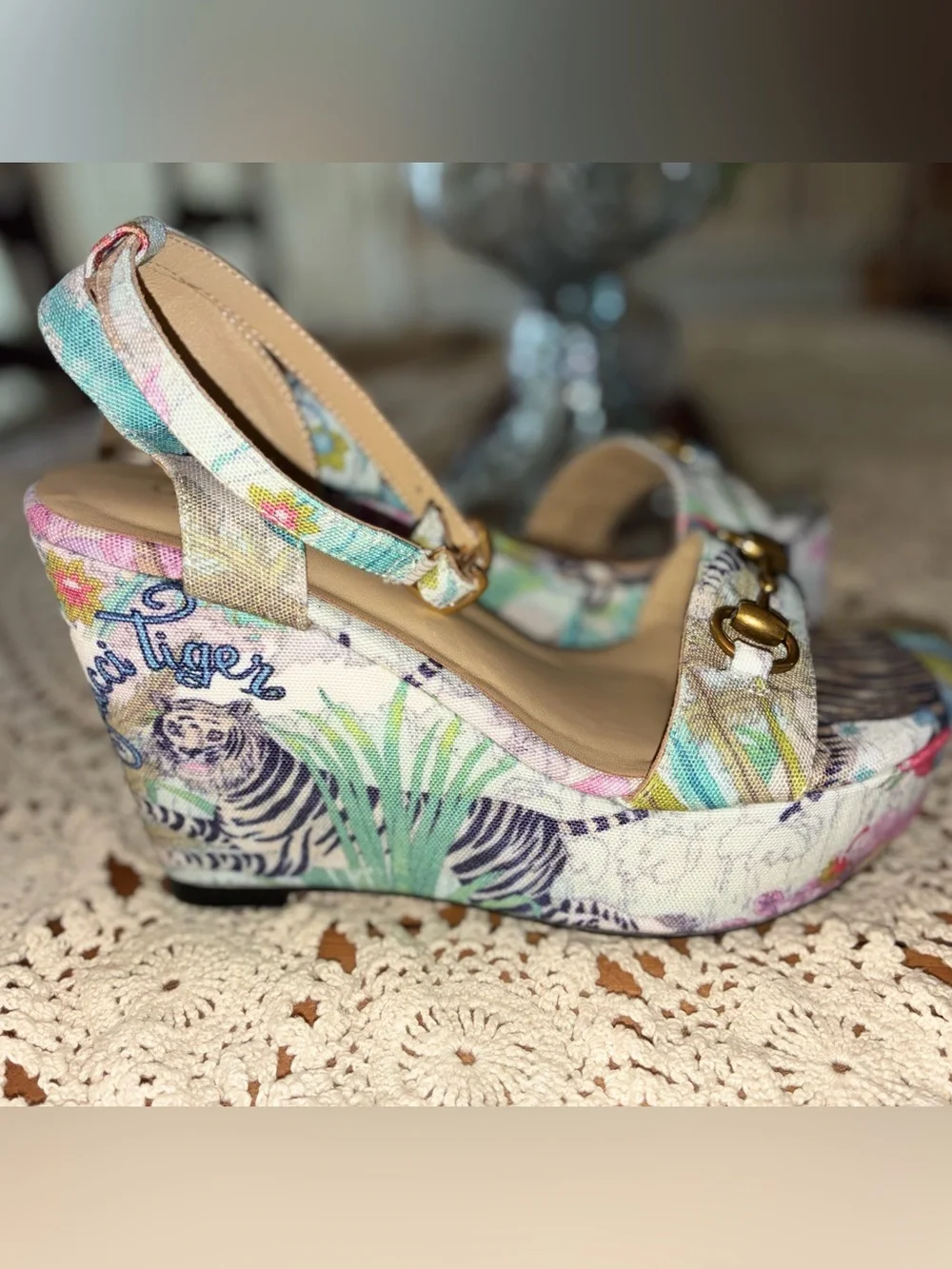 Gucci Floral Tiger Print Platform Wedges with Horsebit Detail